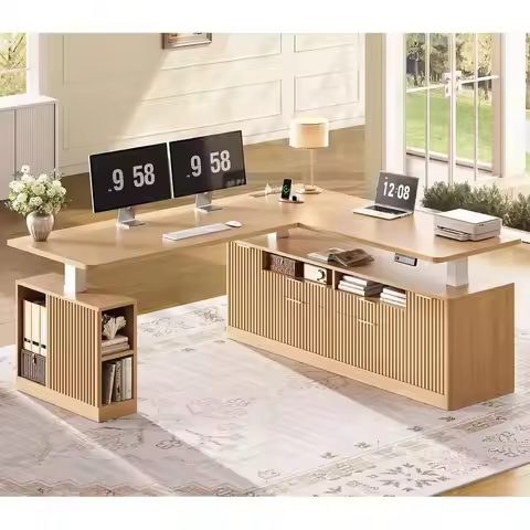 Executive Height-Adjustable L-Shaped Desk, 69 x 55, Oak Finish, with 4 Drawers and Storage, Electric