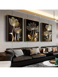 3入組無框黑色和金色花朵牆藝術畫布油畫,現代抽象海報,家居裝飾,不含相框