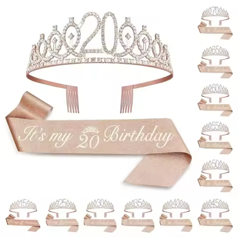 Birthday Sash and Crown for Women 15th 20th 25th 30th 35th 40th 45th 50th 55th 60th 65th 70th Party 