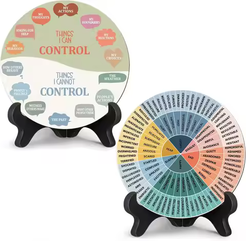 Wheel Chart 2X Wooden Mental Health Emotions Chart With Stand Desk Decor Mental Feeling Chart For Ho