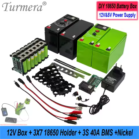 Turmera DIY 12V Battery Box 3x7 18650 Holder 40A BMS Voltage Capacity Displayer 2*USB 5V Power Bank 