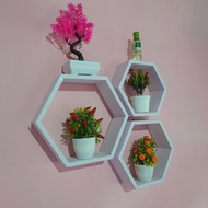 KAYU HIASAN DINDING 3pcs Hexagon Shelf-Xagonal Wall Shelf, Minimalist Wall Shelf, Wood Hexagonal Shelf, Wall Decoration