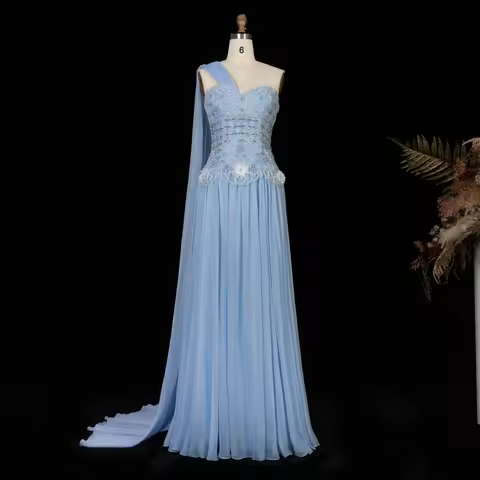 Sharon Said Elegant Blue Chiffon Evening Dress One Shoulder Hand Beaded 3D Floral Women Wedding Part