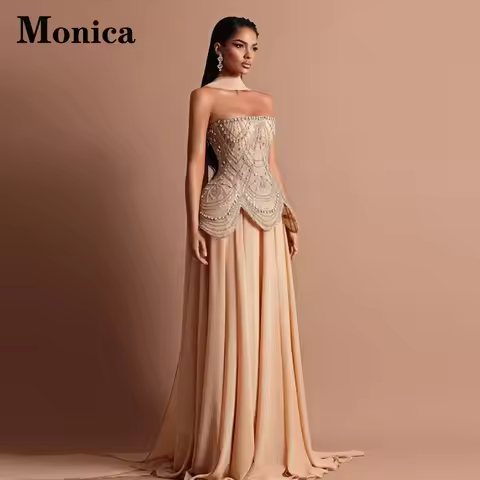 MONICA Stylish Rhinestones Evening Dresses for Women Strapless A-line Sleeveless Prom Dress Vestidos