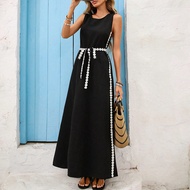 Women's Casual Round Neck Elastic Belt Decorative Side Slit Dress, Vacation Style,Vacation Outfits W