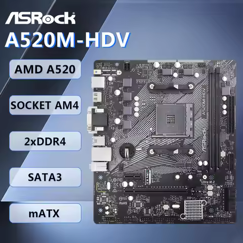 ASRock A520M-HDV Motherboard mATX AMD A520 Socket AM4 DDR4 64GB SATA3 M.2 HDMI DVI-D VGA for AMD 300