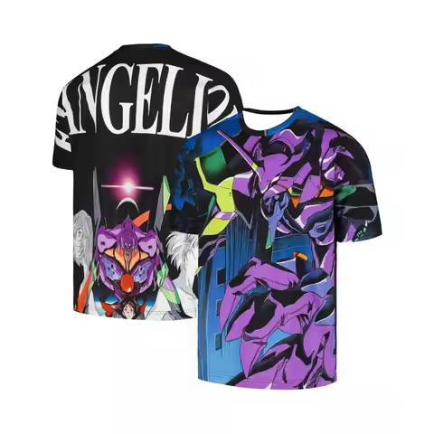 Hot Men's EVA Unit-01 Multi-Character Oversized Tee Neon Genesis Evangelion Anime Cityscape Design C