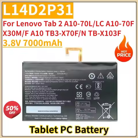 Tablet Battery 3.8V 7000mAh L14D2P31 for Lenovo Tab 2 A10-70L/LC A10-70F X30M/F A10 TB3-X70F/N TB-X1