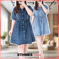 ETHNES Clothing • 30059 Dress Jeans Kombinasi Bordir Scallop Cantik Casual Ikat Pinggang IMPORT baha