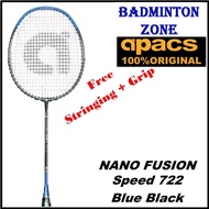 (Siap Pasang Tali 4 knot + Foc Grip) Apacs Nano Fusion Speed 722 (Black Blue)(6UG2) Original Badminton Racket