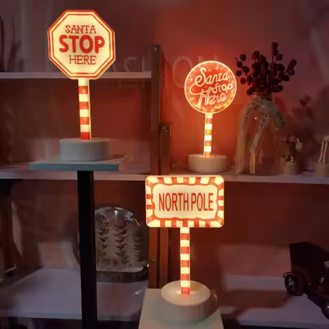 Christmas North Pole Sign LED Table Lamp, Santa Stop Here Vintage Road Sign Shaped Night Light, Glow