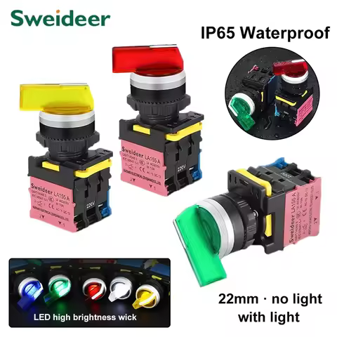 Knob Switch with LED 22mm 1NO/2NO/1NO1NC 2/3 Position Self Locking Long Handle Select Rotary Switch 