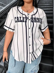 SHEIN Coolane 加大尺寸女士棒球風格運動條紋印花字母襯衫