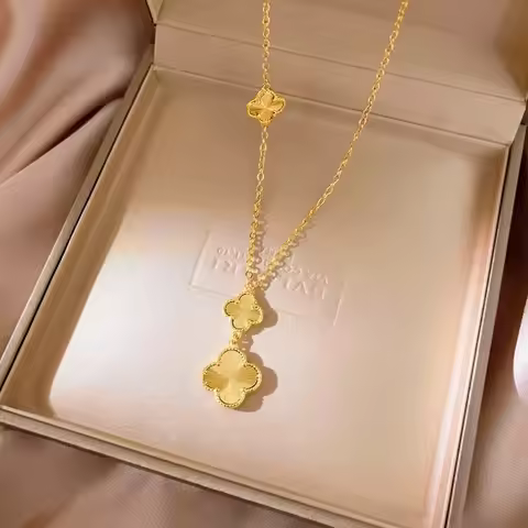 Light luxury 24K real gold four-leaf clover integrated necklace au9999 three-flower clavicle chain h