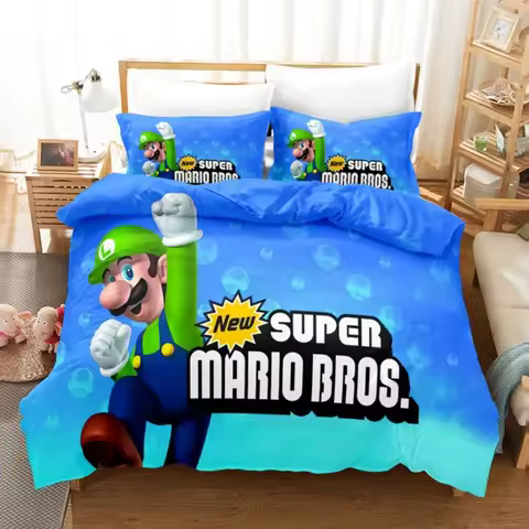 3D Anime Super Mario Cartoon Duvet Cover Soft Skin-Friendly Breathable Bedding Set with Zipper for K