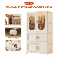 Foldable Storage Cabinet 65CM with Wheels Magnetic Door Multi-Layer Organizer Wardrobe Shelf Drawer 