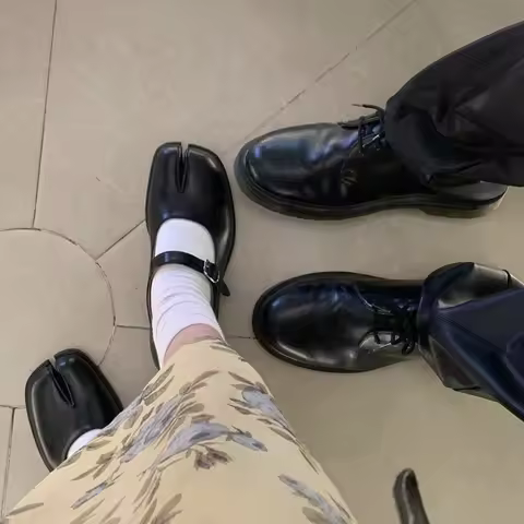 Tabi Mary Janes Flats Spilt Toe Shoes Black Loafer Size 42 Buckle Pumps Leather Shoes For Women