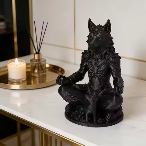 Matte Black Meditating Wolf Man Resin Figurine Lotus Pose Mystical Beast Sculpture Vintage Gothic De