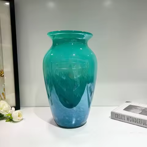 Gradient peacock feather handmade large diameter glass vase TV cabinet Bogu shelf high-end model roo