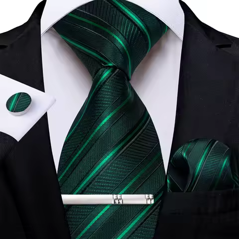 Green Striped Paisley Floral Elegant Men's Silk Ties Pocket Square Cufflinks Wedding Party Groom Acc