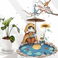Sticker Giấy Dán Tường Decal Dán tường Tranh Dán Tường Trang Trí Tường Mẫu Mèo và Thỏ bên hồ cá ZDB-
