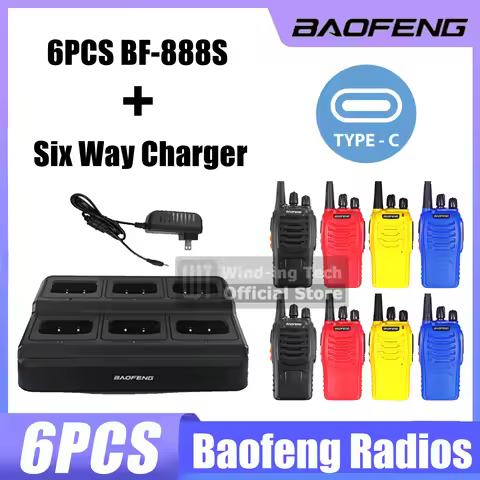 Baofeng BF-888S 6PCS Walkie Talkie with BF888S Six Way Charger EU/US/UK Type-C UHF Portable Mini Ham