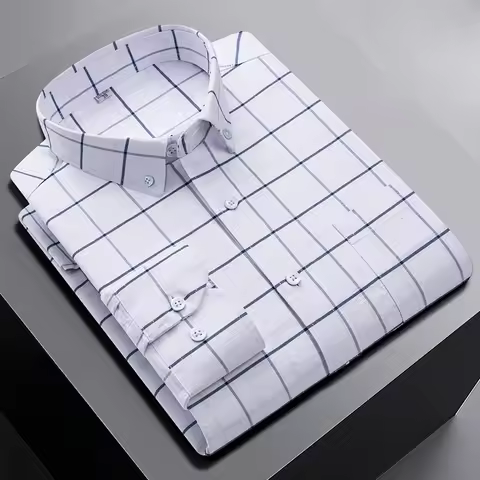New 100%Cotton Men Long Sleeve Shirt for Oxford Shirt Men Plaid Striped Work Casual Shirts Male Regu
