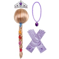 Enchanted Princess Golden Wig Purple Crown Necklace Set Halloween Party Costume Accessories Kids Gir