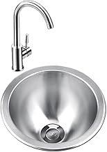 BYRCAL Bar Silver Single Bowl Sink Kitchen Round Sink Stainless Steel RV Sink With Drain Assembly &amp; Elbow Faucet Top Mount Or Undermount(Size:24x24x12cm,Color:Silver)