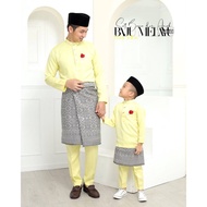 Baju Melayu Slim Fit Soft Yellow / Kuning Lembut  Sedondon Ayah dan Anak Lelaki Cekak Musang Baju Raya  Plus Size