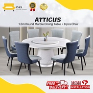 ATTICUS 1.5M White Marble Dining Set with 8 chairs / Set Meja Makan Batu Marble  FREE Table Turn-top