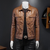 2025 Musim Bunga Baharu Lelaki Lengan Panjang Kolar Turn-down Jaket Kulit Bergaya Motosikal Fit Slim