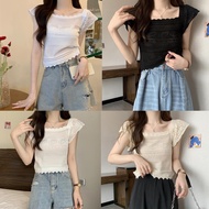 KOKO 75369 ️ Women's T-Shirt Crop Top Knitted Fabric Square Neck Short Sleeves Korean Style Thin Ice