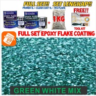GREEN WHITE MIX DIY Full Set Epoxy Colour Flake Coating Toilet Floor (FREE TOOL+1KG FLAKE+1L PRIMER+1L CLEAR) Paint (FS)