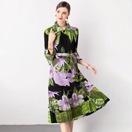 NEW Genuine Issey Miyake Horn Sleeve Ruffled Printed Wind Dress Womens Long Sleeve Waist Pleated Shi