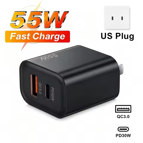 US Plug 55W USB-C Fast Charger For iPhone Duo 18 Pro Samsung Xiaomi Redmi POCO Quick Charging USB-A