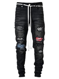 Fashion Patchwork Printed Ripped Long Jens Pants for Men Slim Fit Skinny New Style Denim Pants Men Jeans Distressed Stretchable Elastic Biker Jogger Jins Rip Zipper Casual Trousers