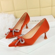 Luxury 1961 H61 Style Satin Stiletto Mid-Heel Shoes with Rhinestone Bow - Wine Glass Heel