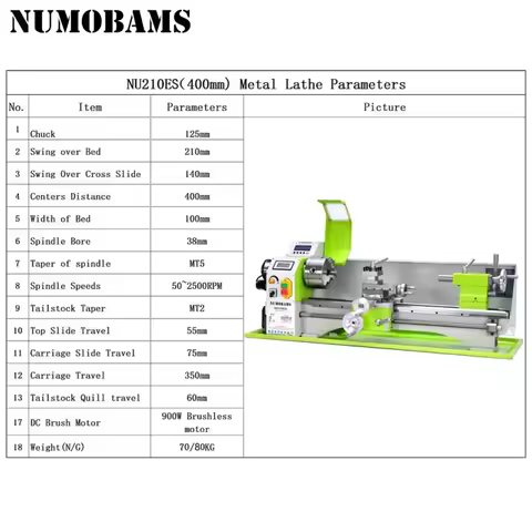 NUMOBMAS NU210X600ES 900W Brushless Motor Metal Lathe Machine 600mm （Local Delivery）