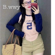 (New model) Women's long-sleeved body-hugging crop top with embossed lettering number 5 qq alohashop