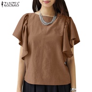 ZANZEA Women Summer Korean Casual Loose Ruffles Sleeve O-Neck Plain Solid Blouse