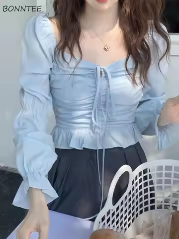 Blouses Women French Style Vintage Spring Flare Sleeve Design Aesthetic Clothing Bandage Navel Crop 