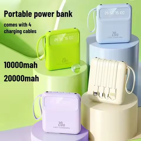 Portable 20000mAh 10000mAh Power Bank Built-in Fast Charging Cable Phone External Battery Powerbank 