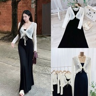 Women's Dress Set 2 Piece: Black Two-Piece Dress with Breast Pads Mixed Ruffled White LaceJacket - L