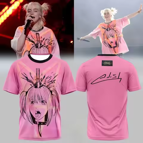 2026 Unisex Pink Eilish Anime Samurai Print T-Shirt Breathable Casual Streetwear Concert Tee with Si
