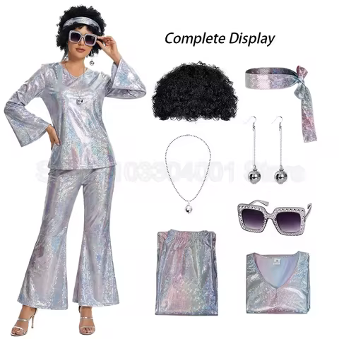 70s Disco Clothing Print Bronzing Suit 70s Women Disco Outfit Costume Disco Party Top Pants Sunglass
