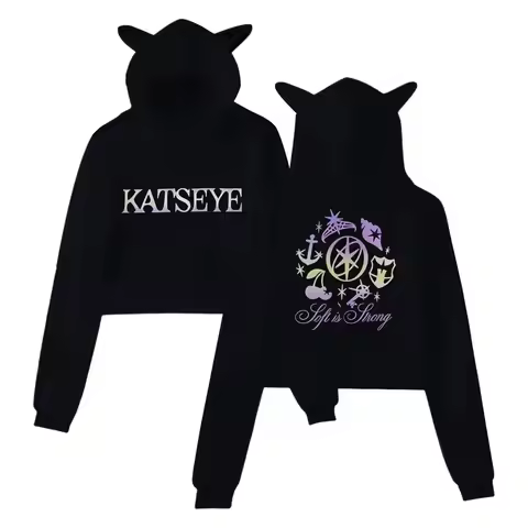 Fun Katseye Hoodie Women Vintage Katseye Print Cat Ears Long Sleeve Crop Tops for Fan Gift Fashion S