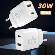 2 Packs USB C Charger, 30W 2-Port USB-C & USB-A Multiple Type C Fast Charger Power Adapter Compatibl