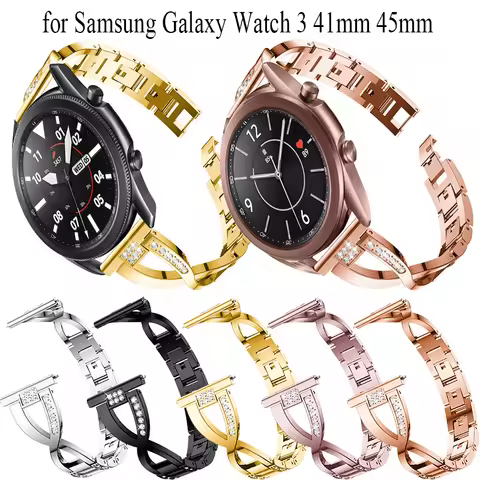 20mm 22mm Luxury Stainless steel Straps for samsung galaxy watch 3 41mm Rhinestone Band for samsung 