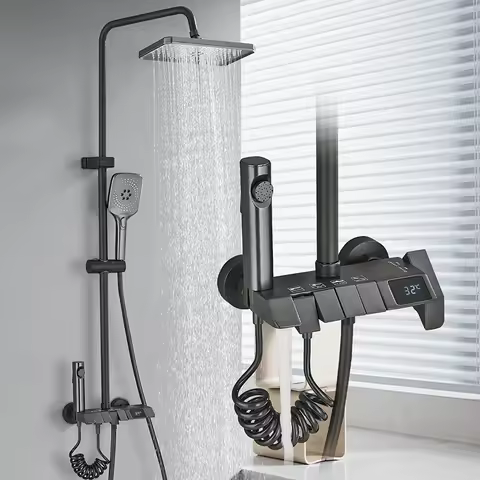 Rozin Black Smart Digital Display Shower Faucet Set Piano Style Rainlfall Bathroom System Grey Digit